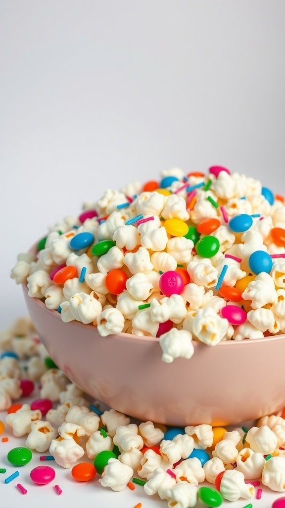 A colorful bowl of popcorn party mix with sprinkles and candies.