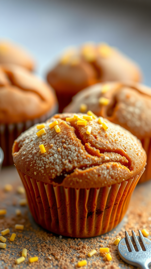 Delicious pumpkin spice muffins with a sprinkle of sugar and mini pumpkins on top.