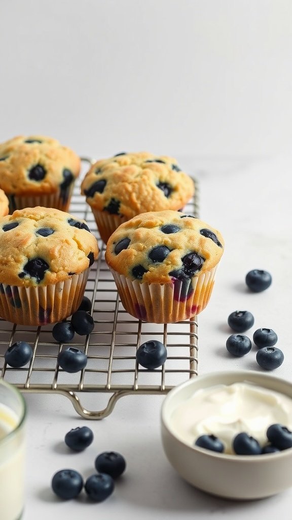 Blueberry Greek Yogurt Muffins on a wire rack with fresh blueberries around