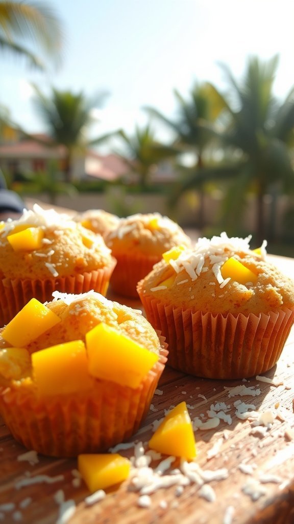 Delicious mango coconut muffins with pieces of mango on top.