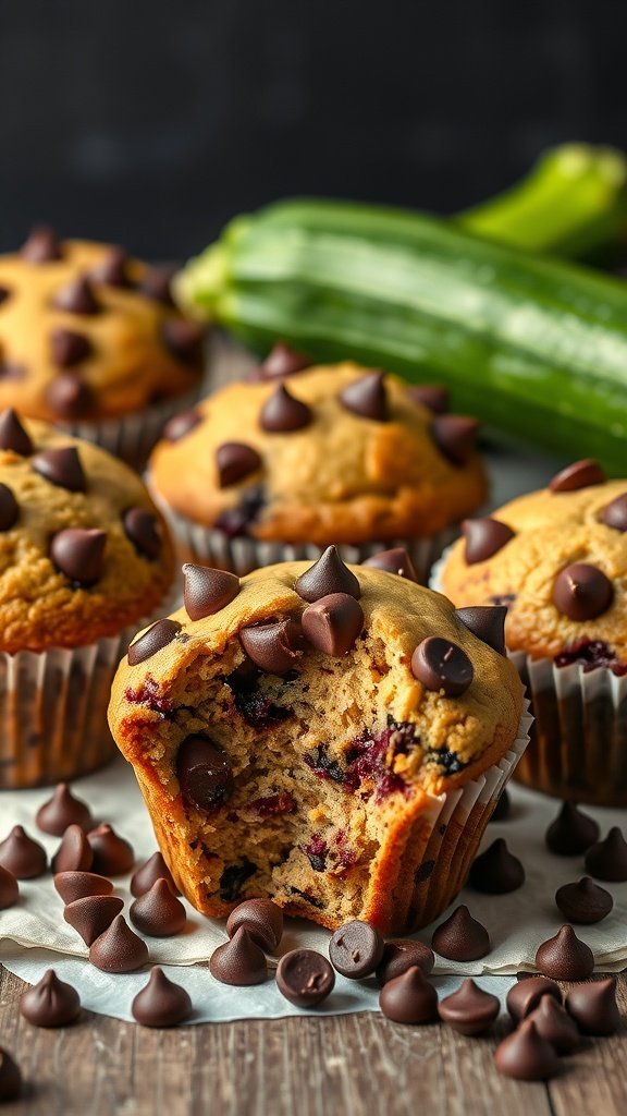 Chocolate Chip Zucchini Muffins with chocolate chips scattered around