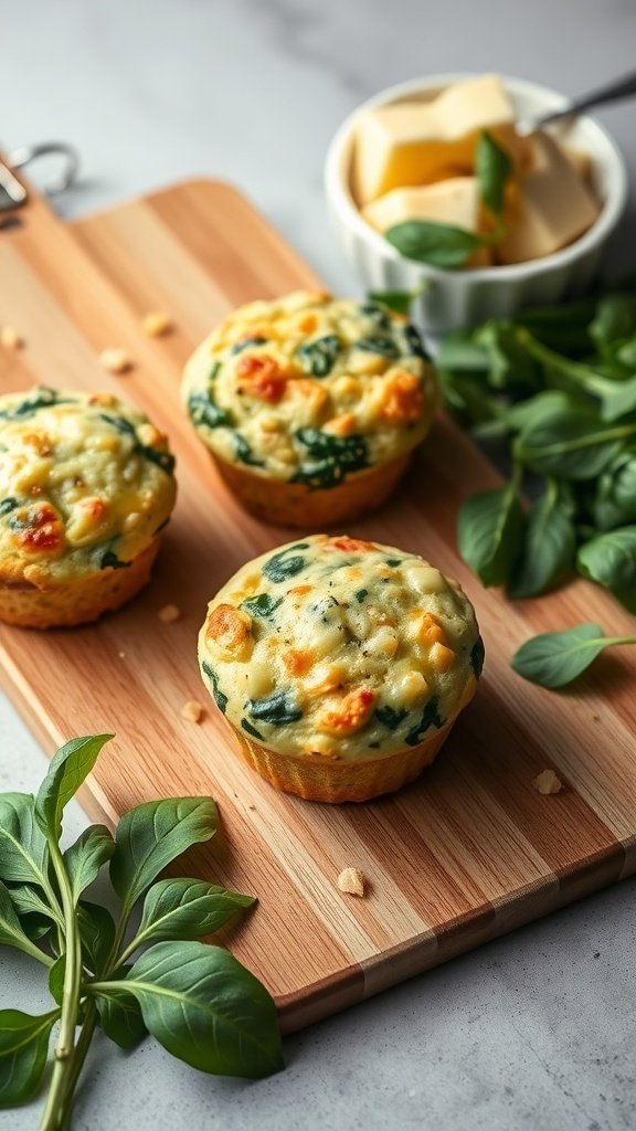 Spinach and cheese muffins on a wooden board with fresh greens