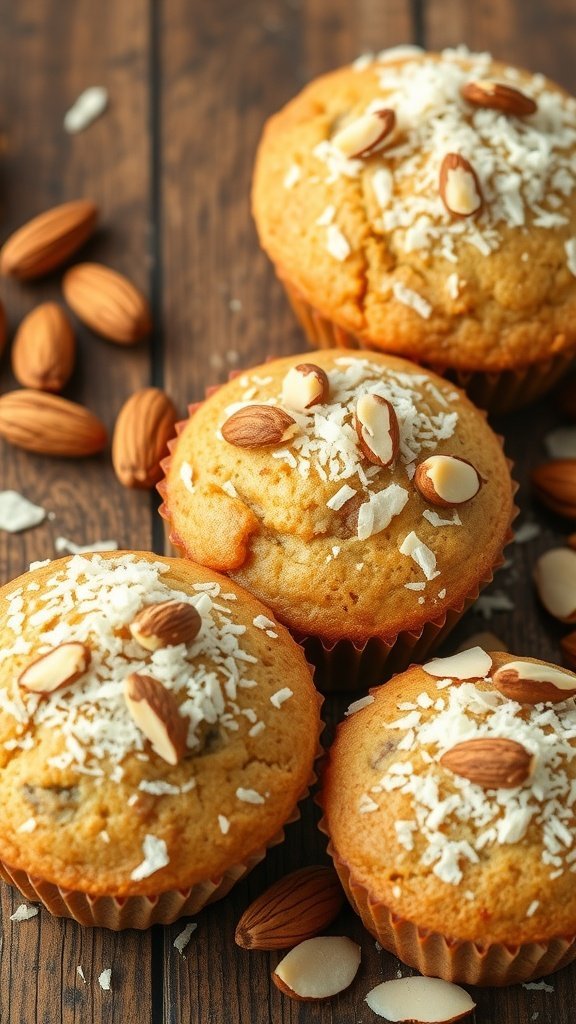 Delicious coconut almond muffins topped with sliced almonds and shredded coconut