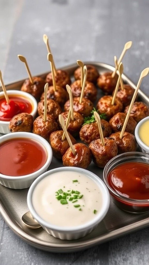 Mini meatballs on toothpicks served with various dipping sauces