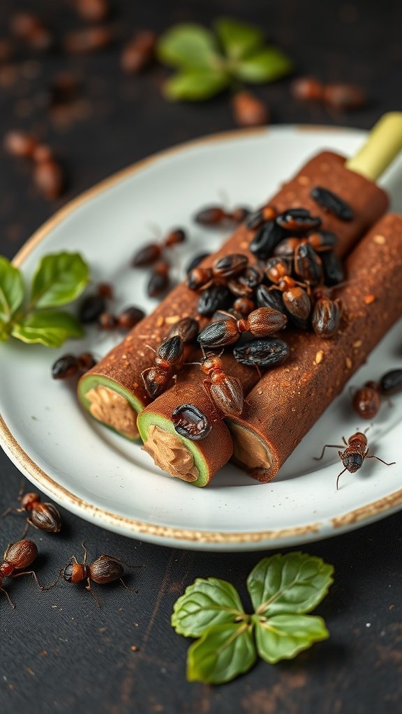 A fun snack of celery sticks filled with peanut butter and dotted with raisins.