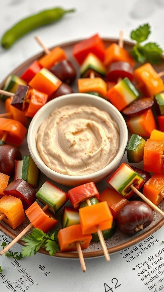 Colorful mini veggie skewers with a bowl of hummus dip.