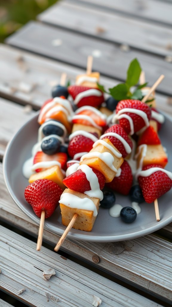 Colorful fruit kabobs with strawberries, blueberries, and melon, drizzled with yogurt on a plate.