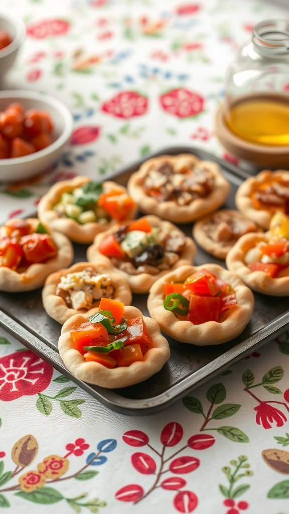 Mini pita pizzas topped with various ingredients on a tray.