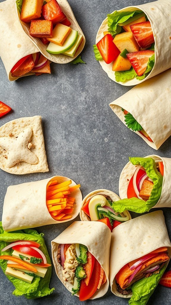 Colorful DIY sandwich wraps filled with fresh vegetables and fruits, perfect for kids' parties.