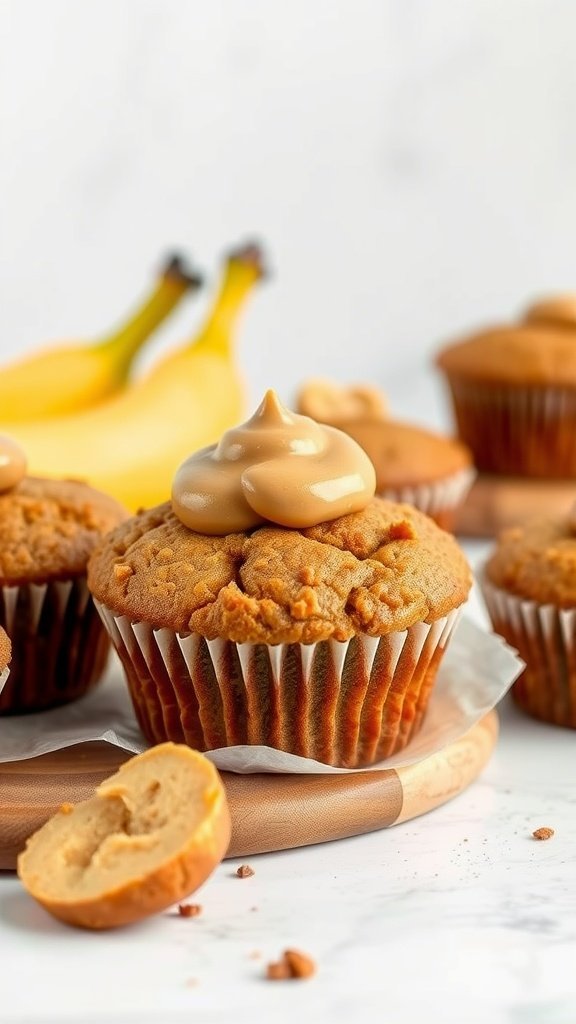 Delicious peanut butter banana muffins with a creamy topping