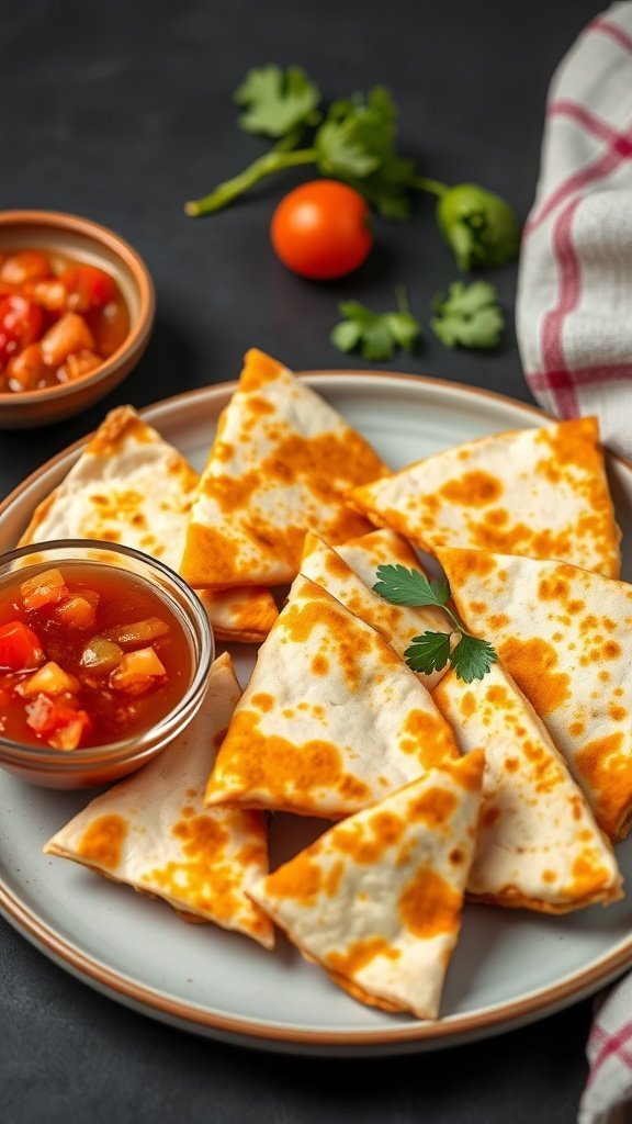 A plate of cheesy quesadilla triangles served with salsa.